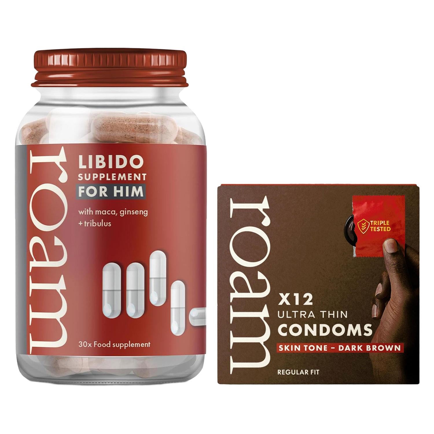 Roam Libido For Him & Dark Brown Condom Bundle Performance Boost Energy Pack