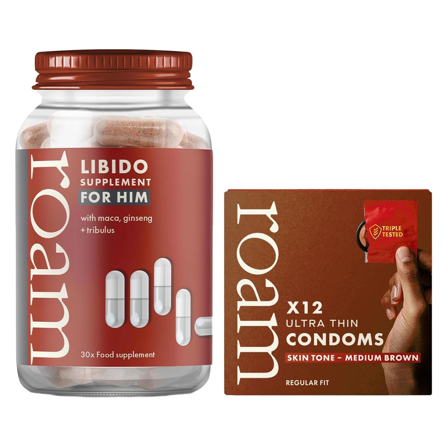 Roam Libido For Him & Medium Brown Condom Bundle Male Energy Vitality Support