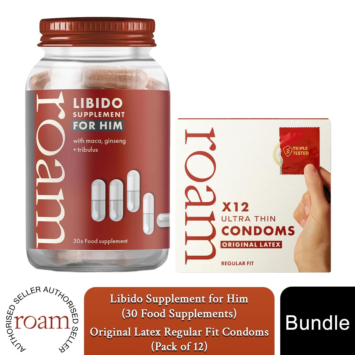 Roam Libido For Him & Premium Latex Condom Bundle Male Vitality Boost Pack