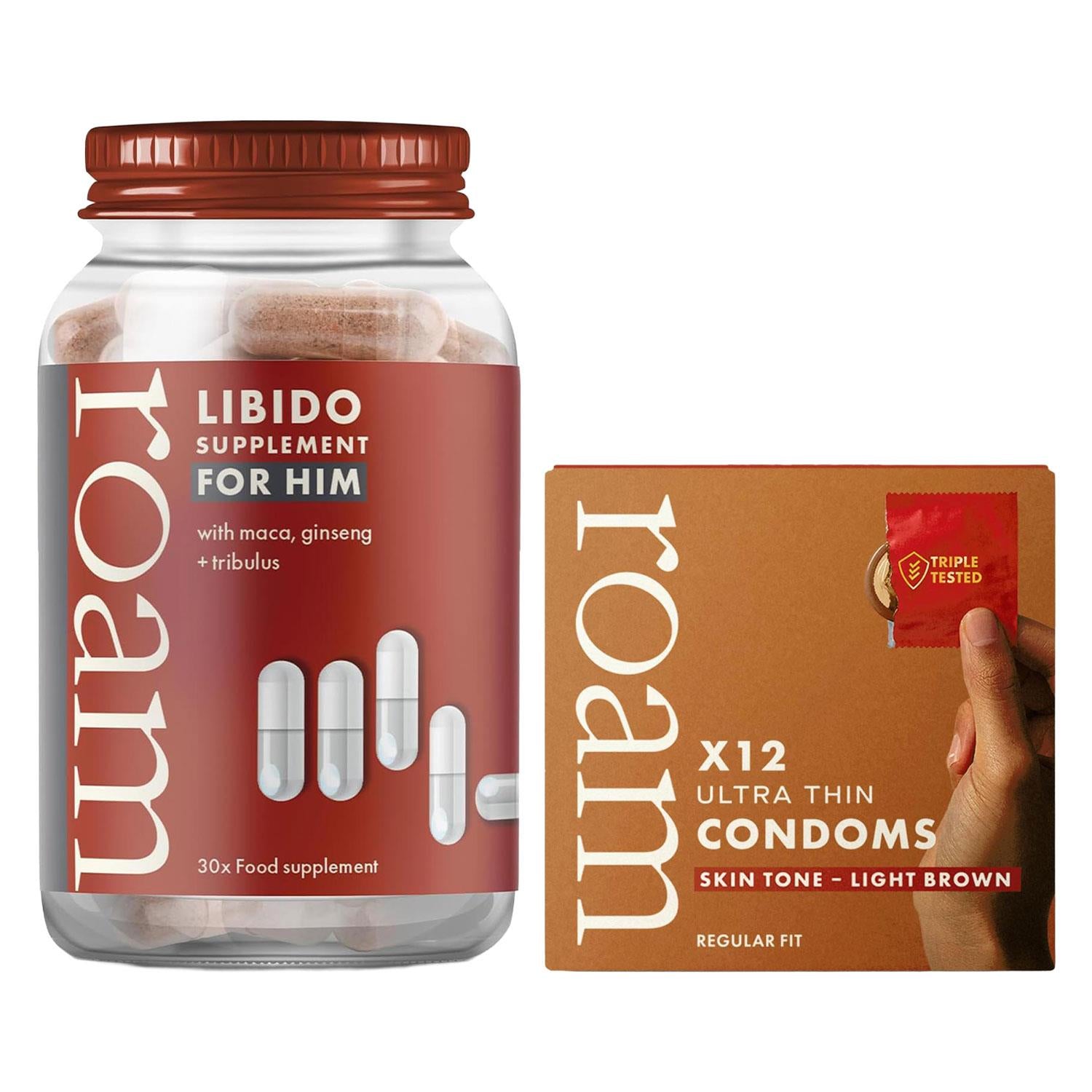 Roam Libido For Him & Light Brown Condom Bundle Male Vitality Energy Support