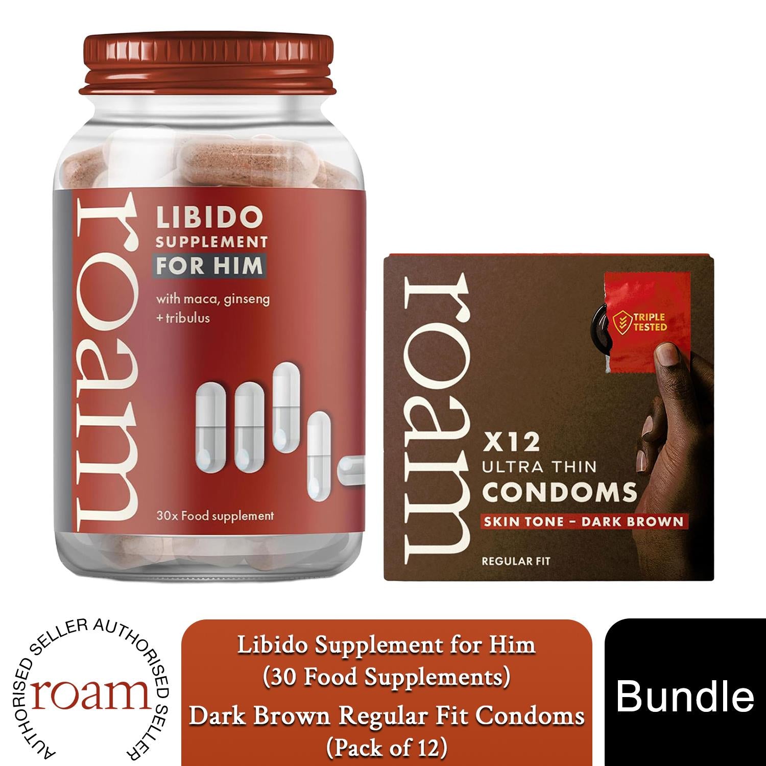Roam Libido For Him & Dark Brown Condom Bundle Performance Boost Energy Pack