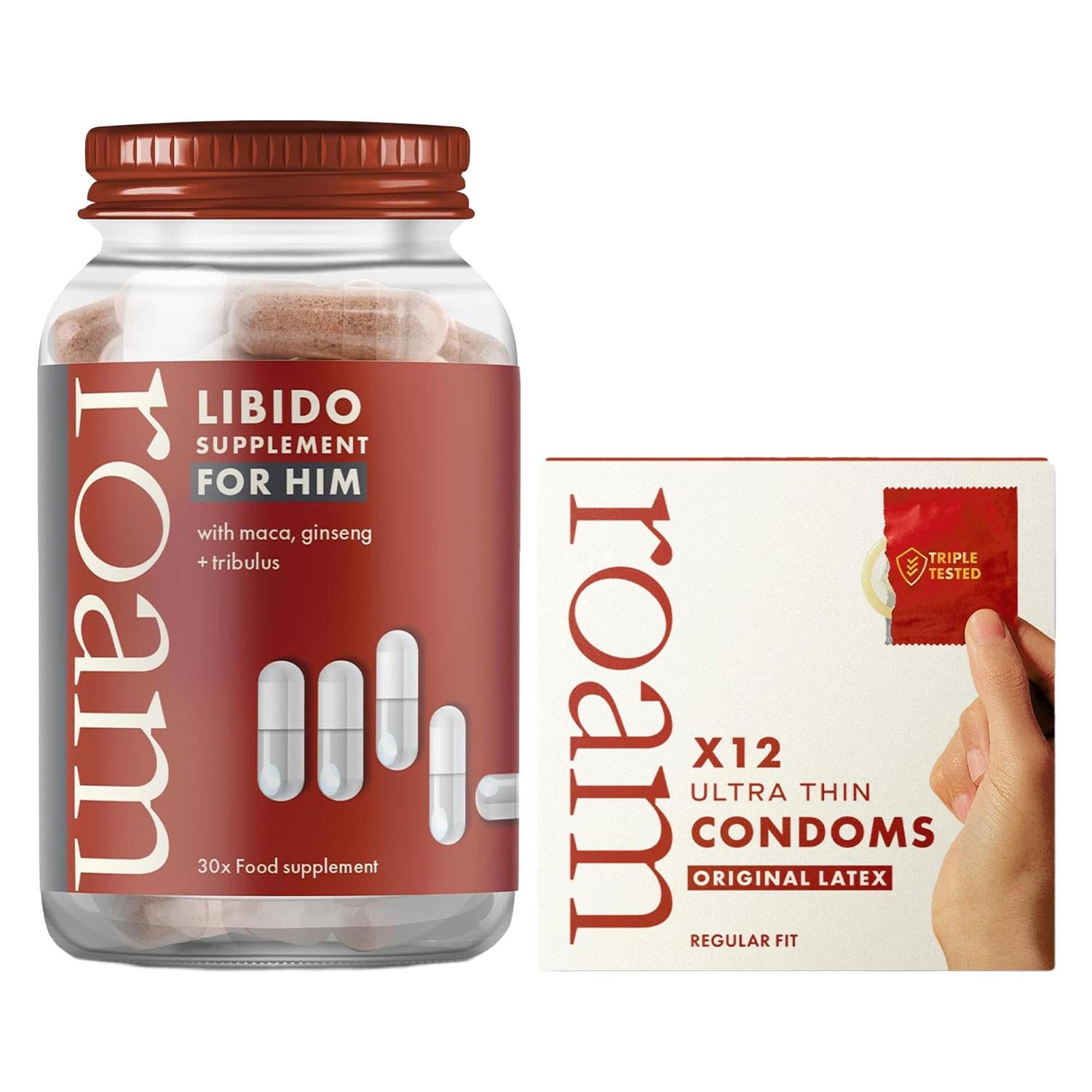 Roam Libido For Him & Premium Latex Condom Bundle Male Vitality Boost Pack