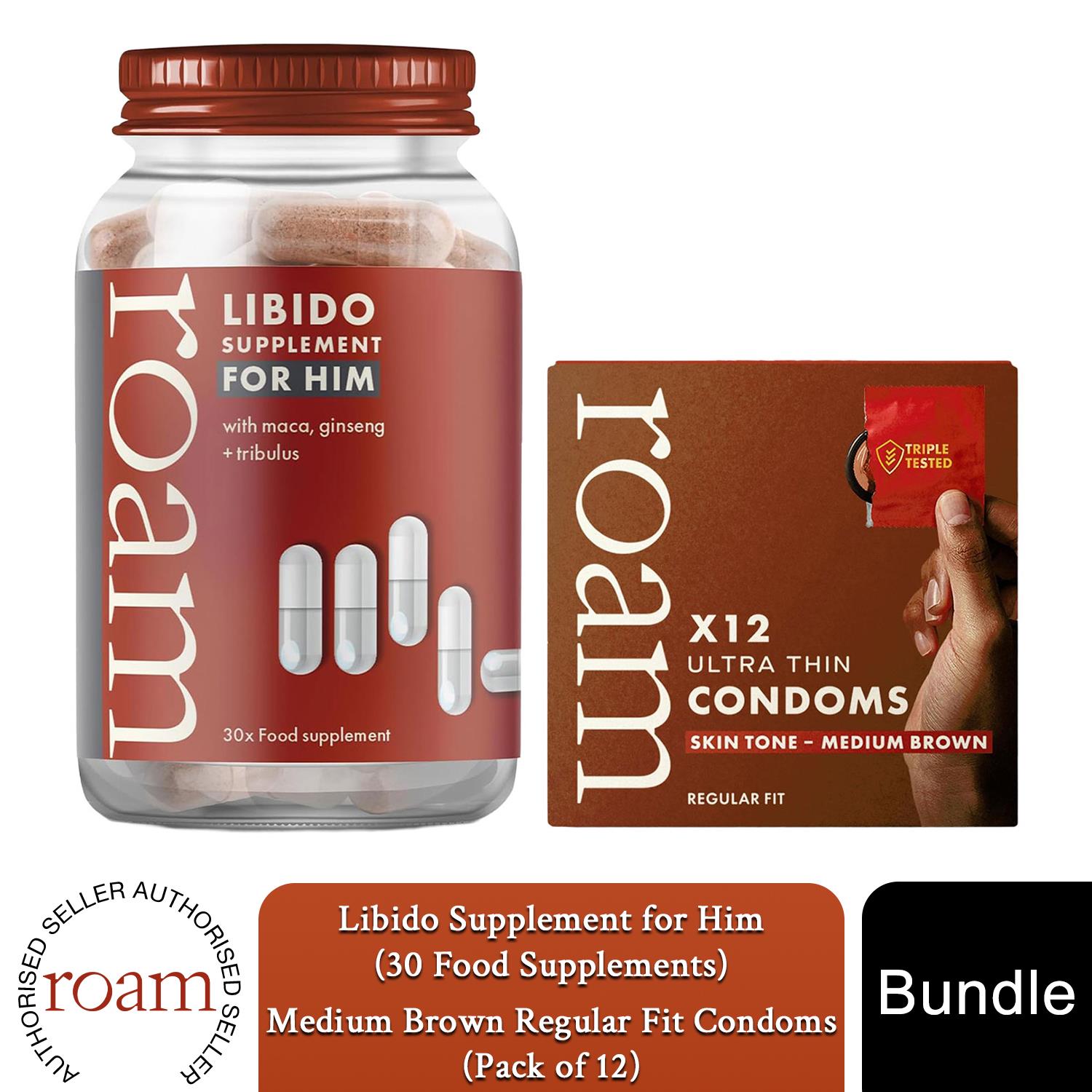 Roam Libido For Him & Medium Brown Condom Bundle Male Energy Vitality Support