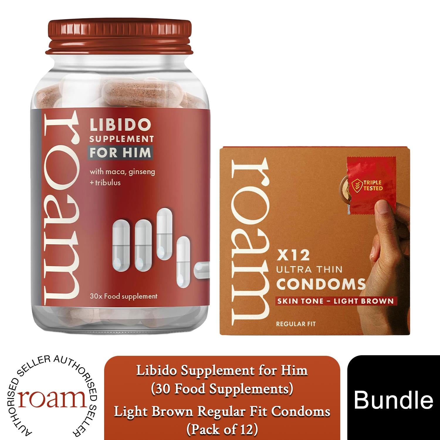 Roam Libido For Him & Light Brown Condom Bundle Male Vitality Energy Support